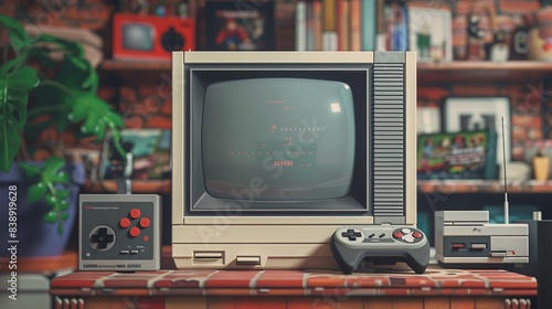 Retro Gaming Setup with Vintage Console, Controllers, and CRT Television in Cozy Living Room with Brick Wall and Shelves photo