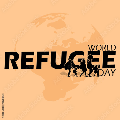 World Refugee Day event banner. Bold text with illustrations of refugee people on light brown background to commemorate on June 20th