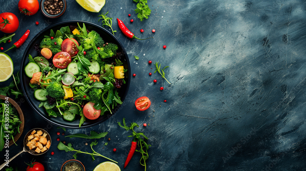 An overhead shot of a colorful detox salad with fresh ingredients a dynamic and dramatic composition, with cope space