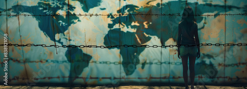 Human trafficking concept. Is this the world we want? A woman stands silhouetted against a backdrop of the world map, a chain link fence separating her from it.