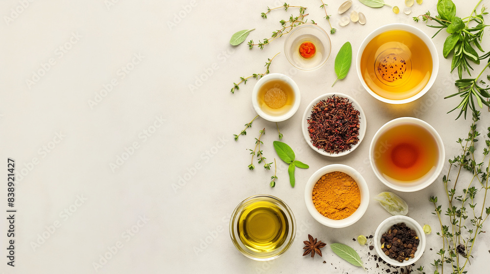 A minimalist table setting with various detox teas and herbs a dynamic and dramatic composition, with cope space A minimalist table setting with various detox teas and herbs a dynamic and dramatic composition, with cope space