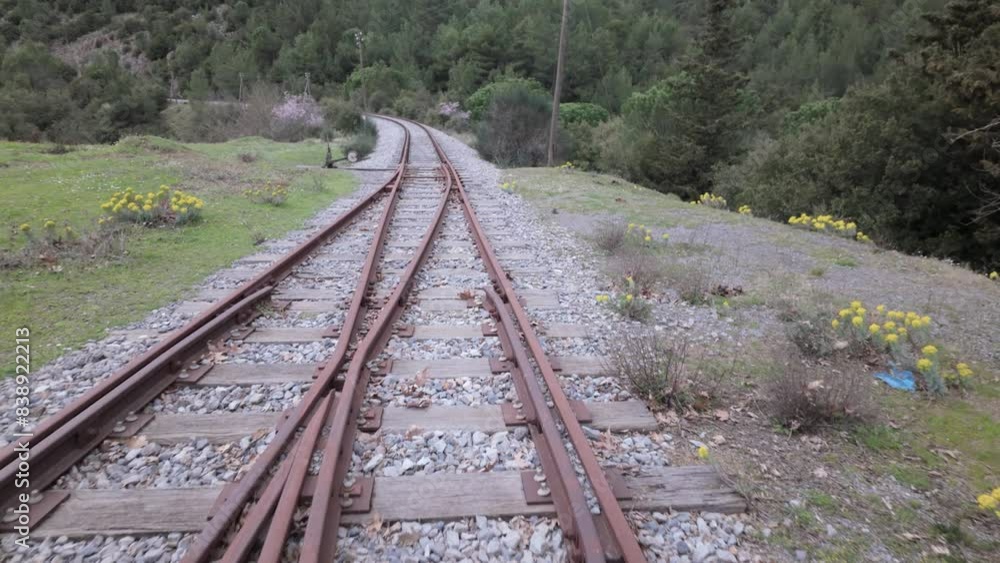 Old Train Tracks At An Old Railway Station In Peloponnese, Greece - Drone Shot Old Train Tracks At An Old Railway Station In Peloponnese, Greece - Drone Shot