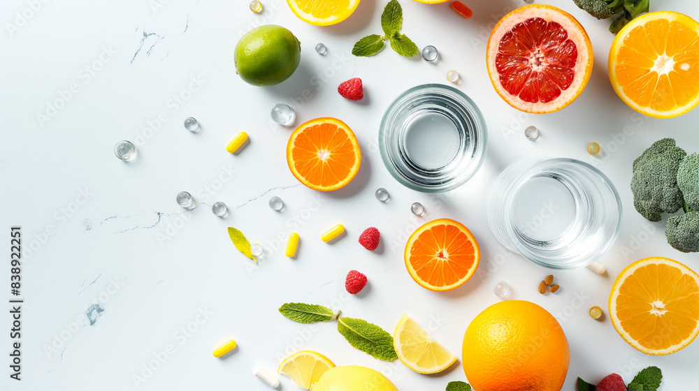 A flat lay of detox supplements, fresh fruits, and a glass of water on a white background a dynamic and dramatic composition, with cope space A flat lay of detox supplements, fresh fruits, and a glass of water on a white background a dynamic and dramatic composition, with cope space