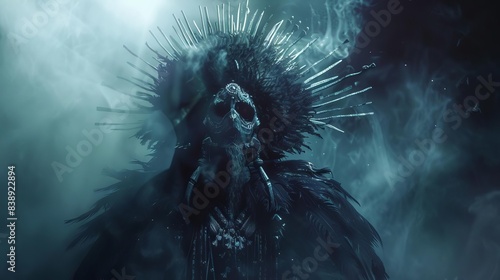 High-angle view of an evil witch doctor with an elaborate head dress, shrouded in fog, 3D render, dark atmosphere, mystical and eerie mood photo