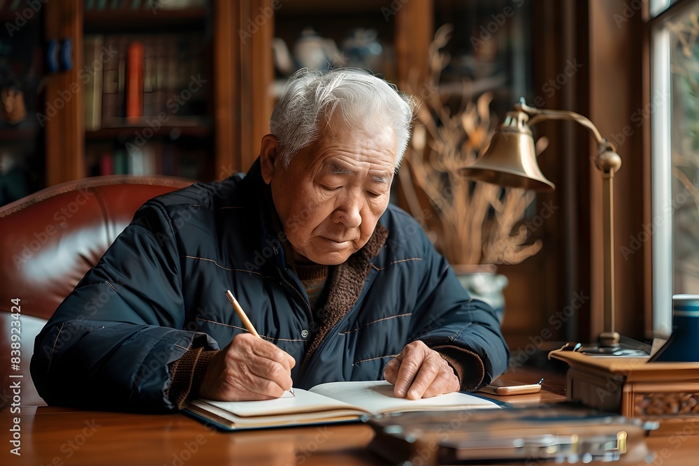 Elderly Asian Man Writing in a Journal at His Desk in a Study Elderly Asian Man Writing in a Journal at His Desk in a Study