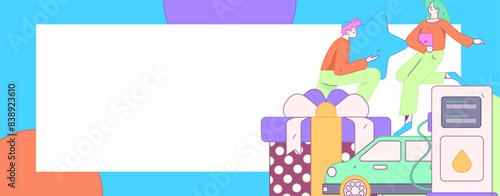 Vector Internet operation hand-drawn illustration of people getting discounts for refueling their cars
