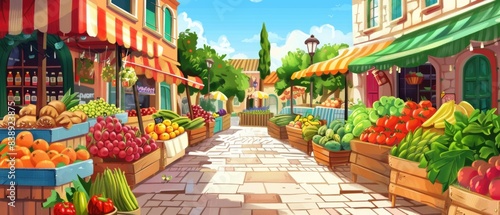 Vibrant Cartoon Farmers Market with Fresh Produce and Handmade Crafts - Busy and Colorful Market Scene Illustration