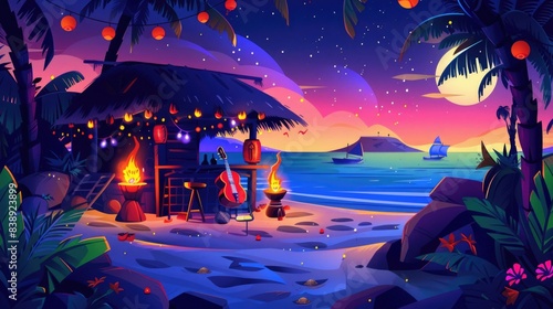 Fun Cartoon Tropical Beach Party with Tiki Torches, Colorful Cocktails, and Live Band Playing Music Under a Starlit Sky photo