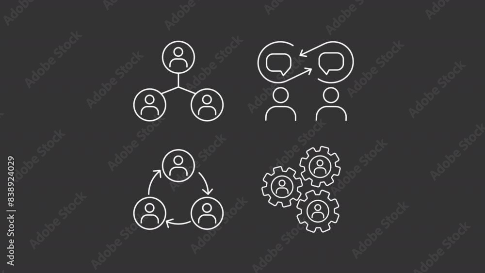 Teamwork white line animations. Animated networking icons. Dialogue and partnership. Group interaction. Isolated illustrations on dark background. Transition alpha. HD video. Icon pack Teamwork white line animations. Animated networking icons. Dialogue and partnership. Group interaction. Isolated illustrations on dark background. Transition alpha. HD video. Icon pack
