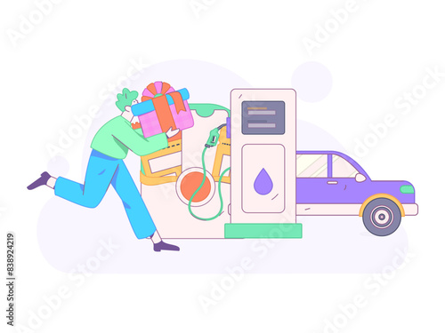 Vector Internet operation hand-drawn illustration of people getting discounts for refueling their cars
