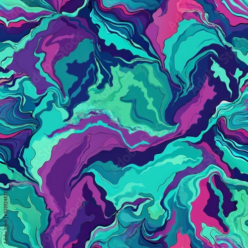 Seamless pattern of vibrant marble textures in shades of purple and turquoise, Generative AI