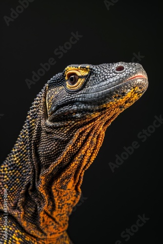 Mystic portrait of Komodo Dragon in studio  copy space on right side  Anger  Menacing  Headshot  Close-up View Isolated on black background