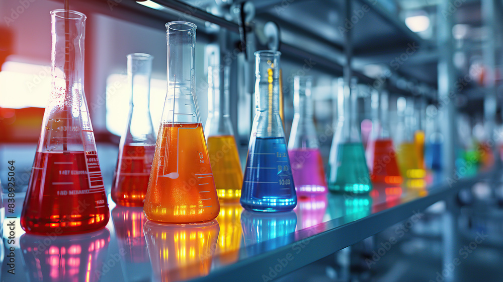 A closeup of beakers and flasks filled with colorful liquid in an advanced laboratory setting A closeup of beakers and flasks filled with colorful liquid in an advanced laboratory setting