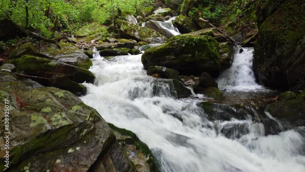 Rocky River with Watefalls in Forested Surroundings in Drone View Rocky River with Watefalls in Forested Surroundings in Drone View