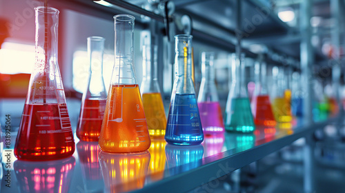 A closeup of beakers and flasks filled with colorful liquid in an advanced laboratory setting