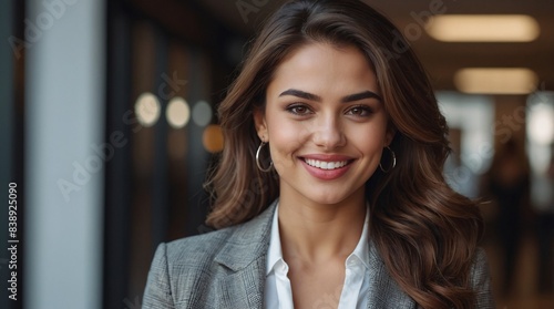 Confident beautiful stylish young businesswoman entrepreneur smiling and looking at camera