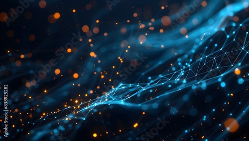 Abstract digital background with glowing blue and orange dots connected in the style of lines forming an intricate network on a dark backdrop 