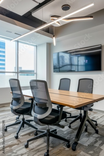 Professional Photography of a development meeting room equipped with dual monitors and ergonomic chairs for enhanced collaboration,Generative AI