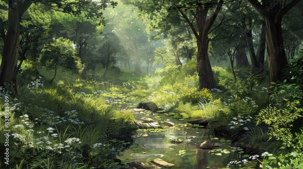 A serene, sun-dappled forest glade with a small, clear stream.