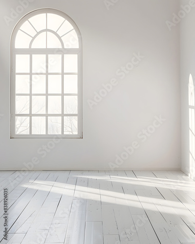 Empty white room with lights and shadows of window mock up