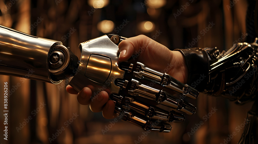 Obraz premium A human hand shaking a metallic robotic hand, symbolizing the future of finance and technology.
