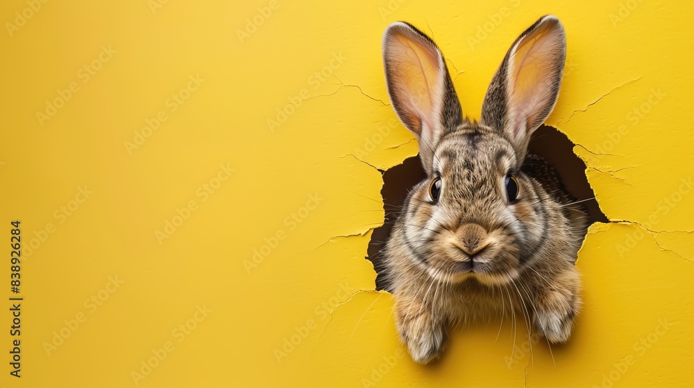Obraz premium cute rabbit coming through crack hole in solid yellow background with copy space