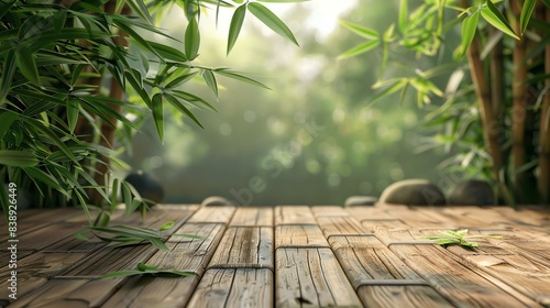 Natural beauty. Blurred background with green bamboo leaves and a wooden table in the foreground.