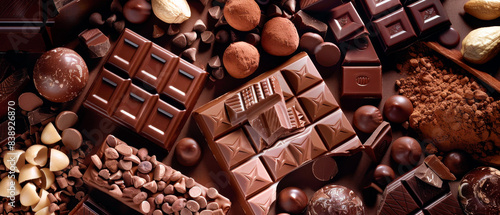 Close up of various types of artisan chocolate bars and pieces of chocolate