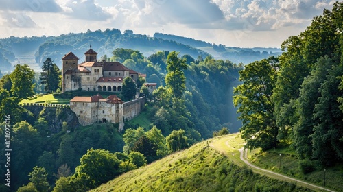 Wonderful European Landscape Image with Historic Buildings and Beautiful Rolling Fields. photo
