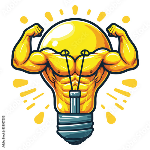 Light bulb drawn in yellow with muscular arms