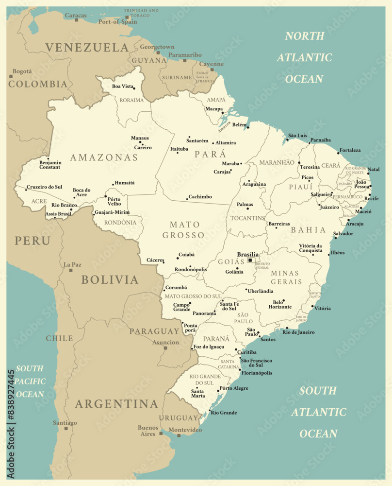 Obraz premium Brazil - detailed map with administrative divisions and capitals of countries. Vector illustration