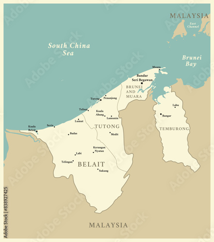 Brunei - detailed map with administrative divisions and capitals of countries. Vector illustration