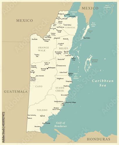 Belize - detailed map with administrative divisions and capitals of countries. Vector illustration