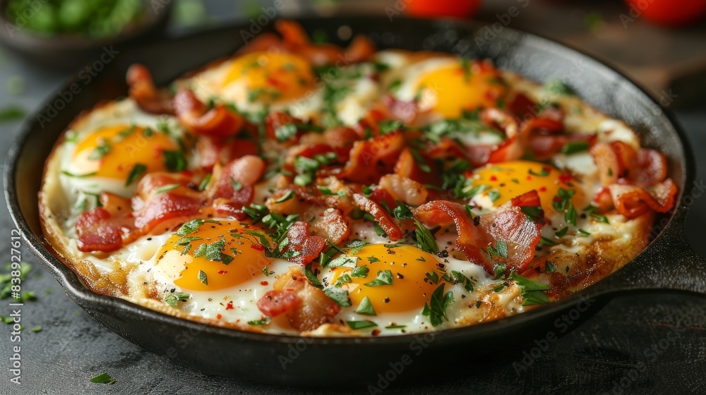 Forest camp breakfast bacon and eggs cooked in a cast iron skillet amidst nature Forest camp breakfast bacon and eggs cooked in a cast iron skillet amidst nature