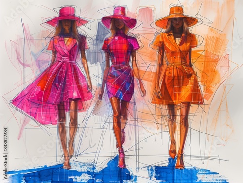 Tree fashion models drawing colorful, crazy, dynamic, strong bold colors