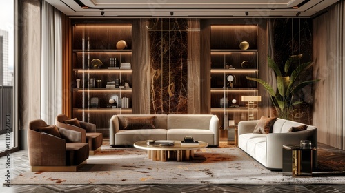 A sophisticated studio shot showcasing a 3D rendering of an interior design studio with luxurious materials such as velvet upholstery and polished wood finishes, providing room for branding