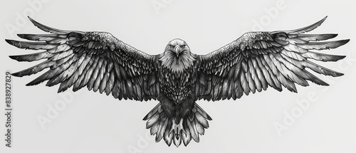 A regal eagle with wings outstretched in black and grey, set against a plain white backdrop