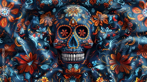 Wallpaper Mural Rear view of a Day of The Dead sugar skull, intricately designed with vibrant floral ornaments, seamless pattern in rich dark blue tones, digital 3D render Torontodigital.ca
