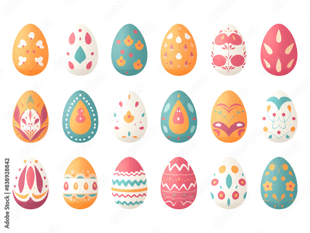 Set of colorful flat design doodle Happy Easter Eggs vector illustrations of bunnies, rabbits icons, decorated with flowers Set of colorful flat design doodle Happy Easter Eggs vector illustrations of bunnies, rabbits icons, decorated with flowers