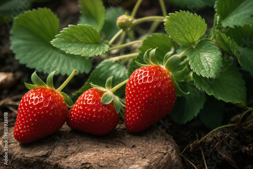  Strawberry with leaves ai generated. Three strawberries on a bush outdoor.  Strawberry with soft focus. Generative AI.