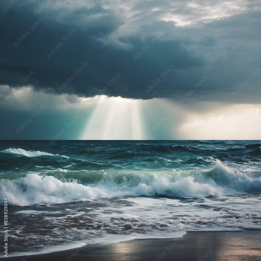Obraz premium AI Generation of Stormy Ocean and Beach Scenes: Waves, Storms, and Dramatic Horizons