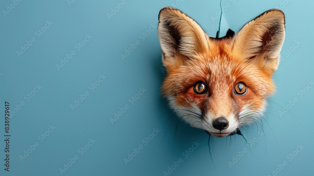 Obraz premium cute fox coming through crack hole in solid color background with copy space