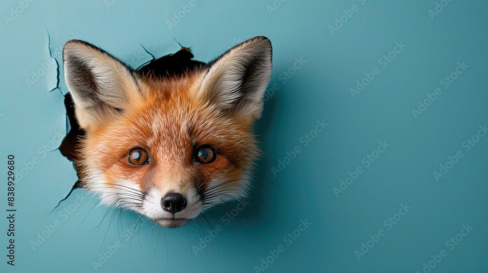 Obraz premium cute fox coming through crack hole in solid color background with copy space