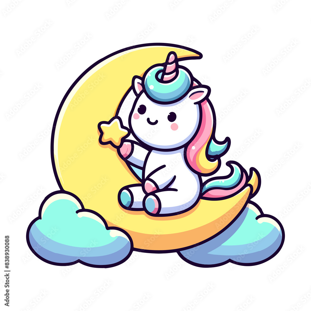 Naklejka premium cute unicorn sitting on moon icon character
