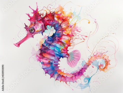A seahorse tattoo with vibrant hues, intricate elements, set against a simple white backdrop