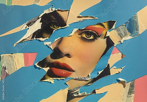 Collage with torn face. Ripped woman head poster. Female billboard paper placard. Old girl grungy wallpaper. Damaged pop background. Grunge art portrait photo