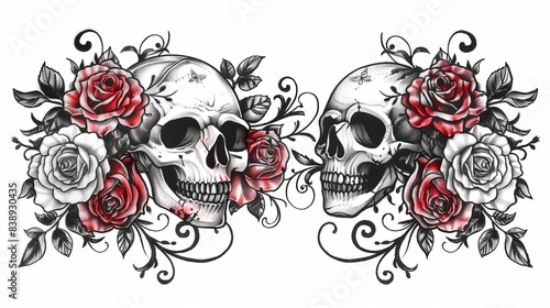Fototapeta Naklejka Na Ścianę i Meble -  Skull and rose tattoo with intertwined black and red ink on a plain white backdrop creates a striking design