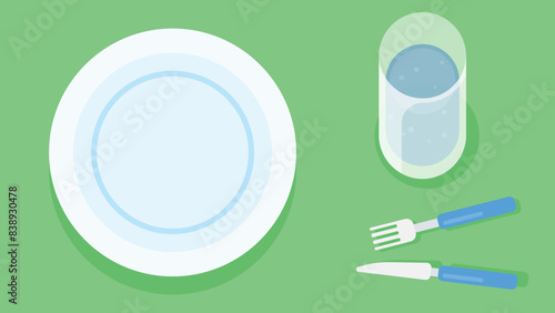 Empty plate on a green tablecloth with fork, knife and a glass water. vector illustration of cutlery with plate in flat style
