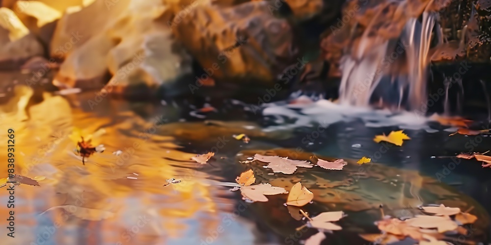 Tranquil mountain waterfall in autumn, close-up on leaves floating in pool, warm golden hour glow. Tranquil mountain waterfall in autumn, close-up on leaves floating in pool, warm golden hour glow.