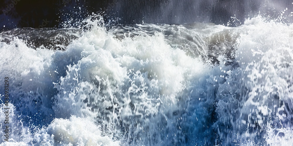 Powerful mountain waterfall, close-up on water's forceful descent, dynamic splash, high contrast lighting. Powerful mountain waterfall, close-up on water's forceful descent, dynamic splash, high contrast lighting.